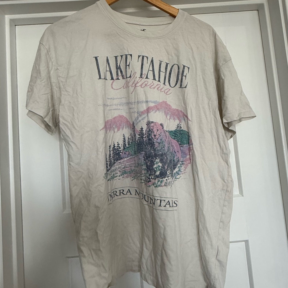 Hollister Cream Lake Tahoe Graphic Tee with Pink & Green Accents